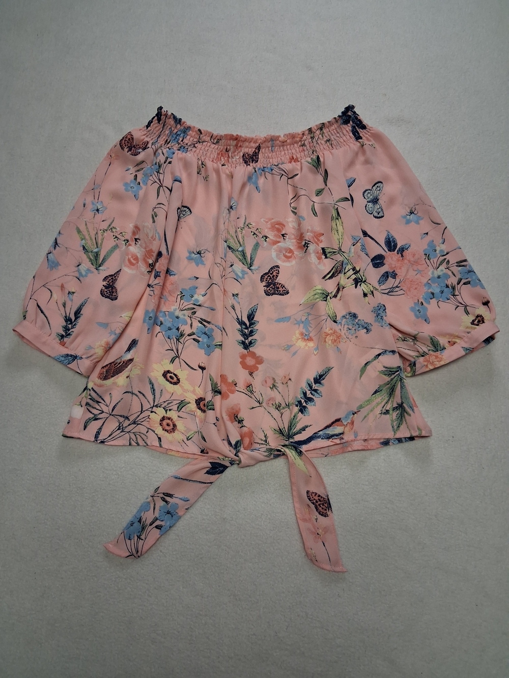 Kismet Blush Pink Floral Off-Shoulder Tie-Front Blouse